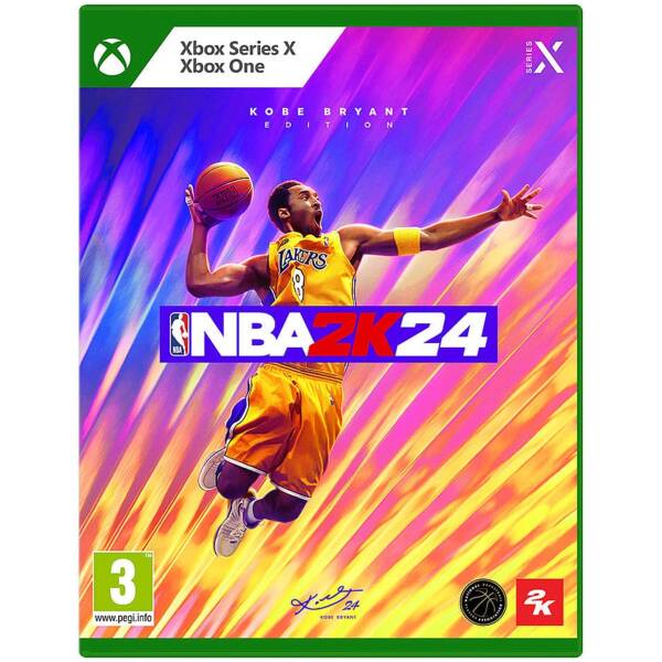 Xbox game cover for NBA 2K24 Kobe Bryant Edition showing a Lakers player in a yellow jersey leaping with a basketball against a vibrant pink-to-orange gradient background, green border and title text