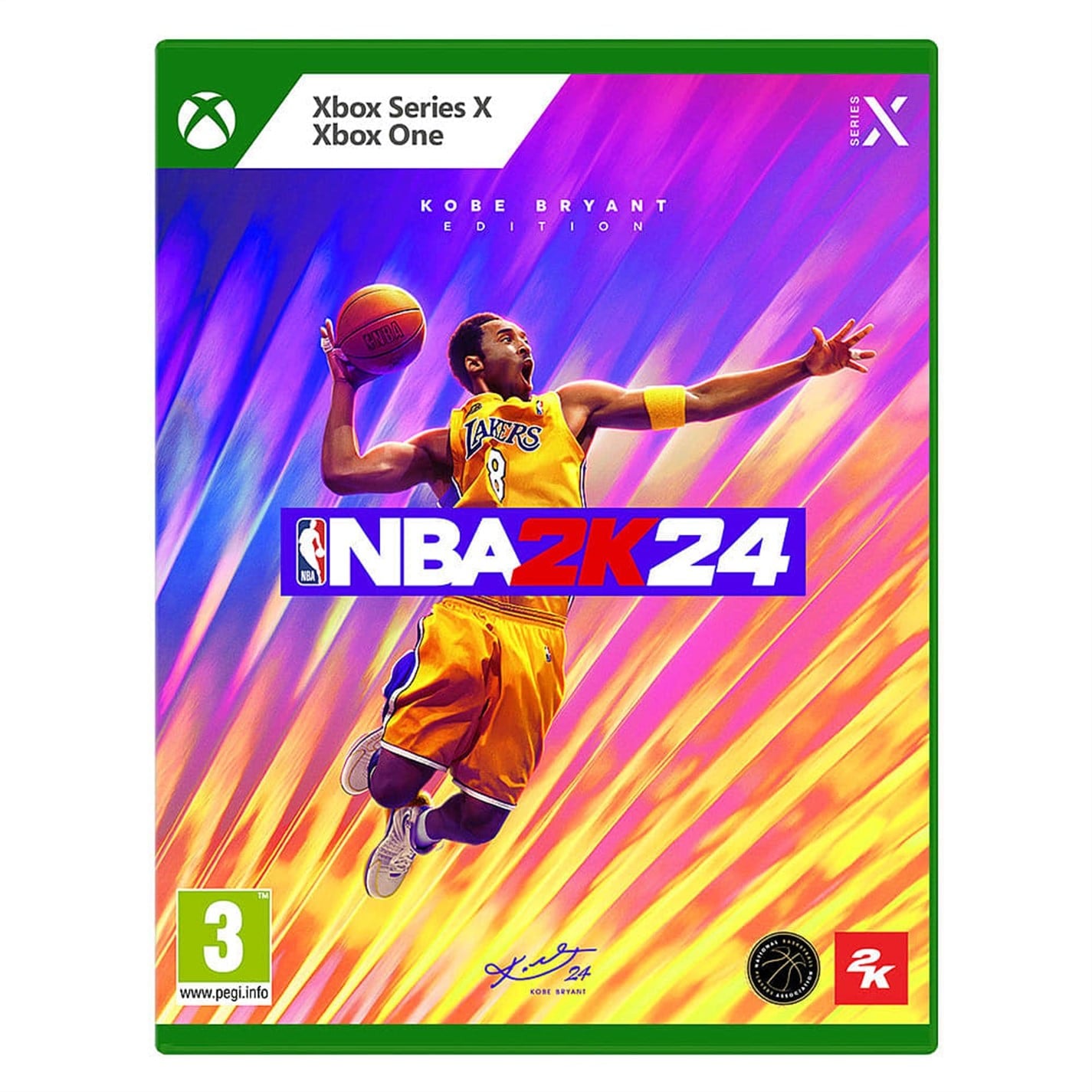 nba2k24 VR.LV Xbox game cover for NBA 2K24 Kobe Bryant Edition showing a Lakers player in a yellow jersey leaping with a basketball against a vibrant pink-to-orange gradient background, green border and title text