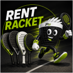 Cartoon bucket mascot running with a paddle, row of rackets behind, bold 'RENT RACKET' text in lime and white.