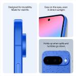Three-panel collage promoting a blue smartphone: a close-up of its durable body on the left, with captions about durability and real-life use on the right top, and a water-droplet shot with the camera on the bottom right.