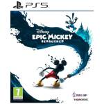 Cover art for Disney Epic Mickey: Rebrushed for PS5 showing Mickey Mouse bending forward with a splash of dark blue paint and a ghostly splash behind him, PS5 logo top left.