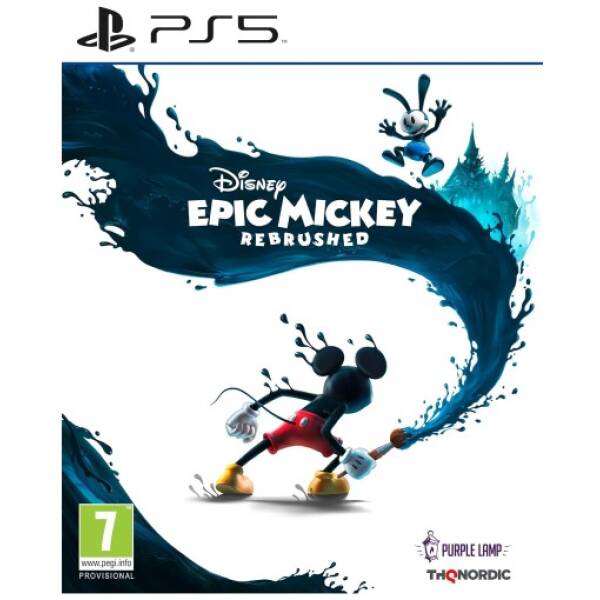 Cover art for Disney Epic Mickey: Rebrushed for PS5 showing Mickey Mouse bending forward with a splash of dark blue paint and a ghostly splash behind him, PS5 logo top left.