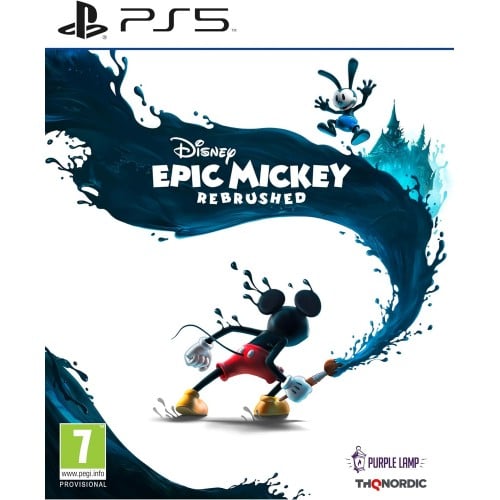disney-epic-mickey-rebrushed VR.LV Cover art for Disney Epic Mickey: Rebrushed for PS5 showing Mickey Mouse bending forward with a splash of dark blue paint and a ghostly splash behind him, PS5 logo top left.