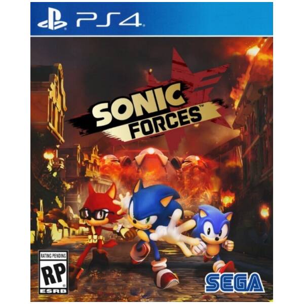 PS4 game cover for Sonic Forces featuring Sonic and friends running through a fiery city with the SEGA logo and ESRB RP rating.