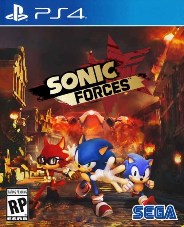 sonic forces VR.LV PS4 game cover for Sonic Forces featuring Sonic and friends running through a fiery city with the SEGA logo and ESRB RP rating.