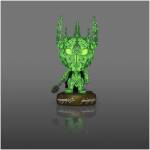 Neon-green fantasy demon figurine with intricate vine patterns, horned head, on a brown pedestal with white script.