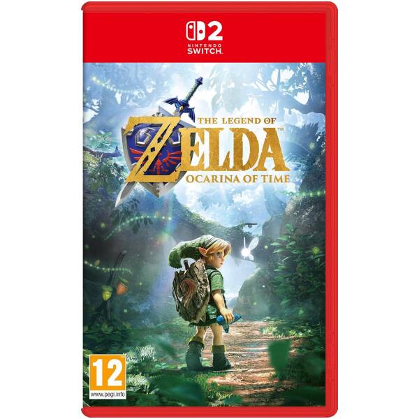 Nintendo Switch game cover showing Link in a green tunic with shield and sword in a forest path, butterflies around, The Legend of Zelda: Ocarina of Time art