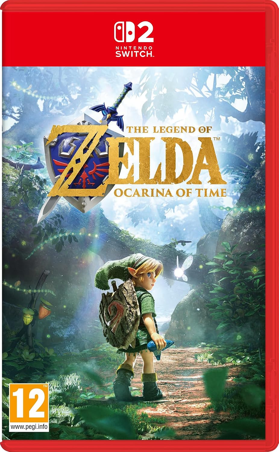 81AWZN0TCRL_AC_SL1500_ VR.LV Nintendo Switch game cover showing Link in a green tunic with shield and sword in a forest path, butterflies around, The Legend of Zelda: Ocarina of Time art
