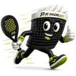 Cartoon padel ball basket mascot wearing branded PadelBit gear, holding a racket and giving a thumbs up while running forward.