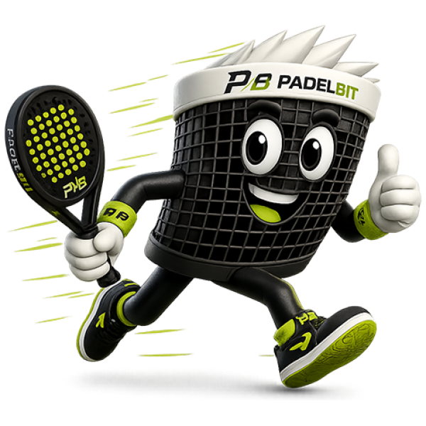 Cartoon padel ball basket mascot wearing branded PadelBit gear, holding a racket and giving a thumbs up while running forward.