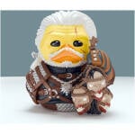 Cartoon duck warrior with white hair, yellow face, orange beak, wearing brown leather armor and ropes.