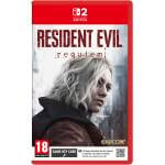 Nintendo Switch game cover for Resident Evil: Requiem featuring a close-up of a pale woman with blond hair and red jacket, Capcom logo visible.