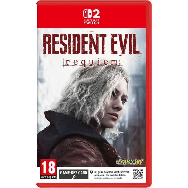Nintendo Switch game cover for Resident Evil: Requiem featuring a close-up of a pale woman with blond hair and red jacket, Capcom logo visible.