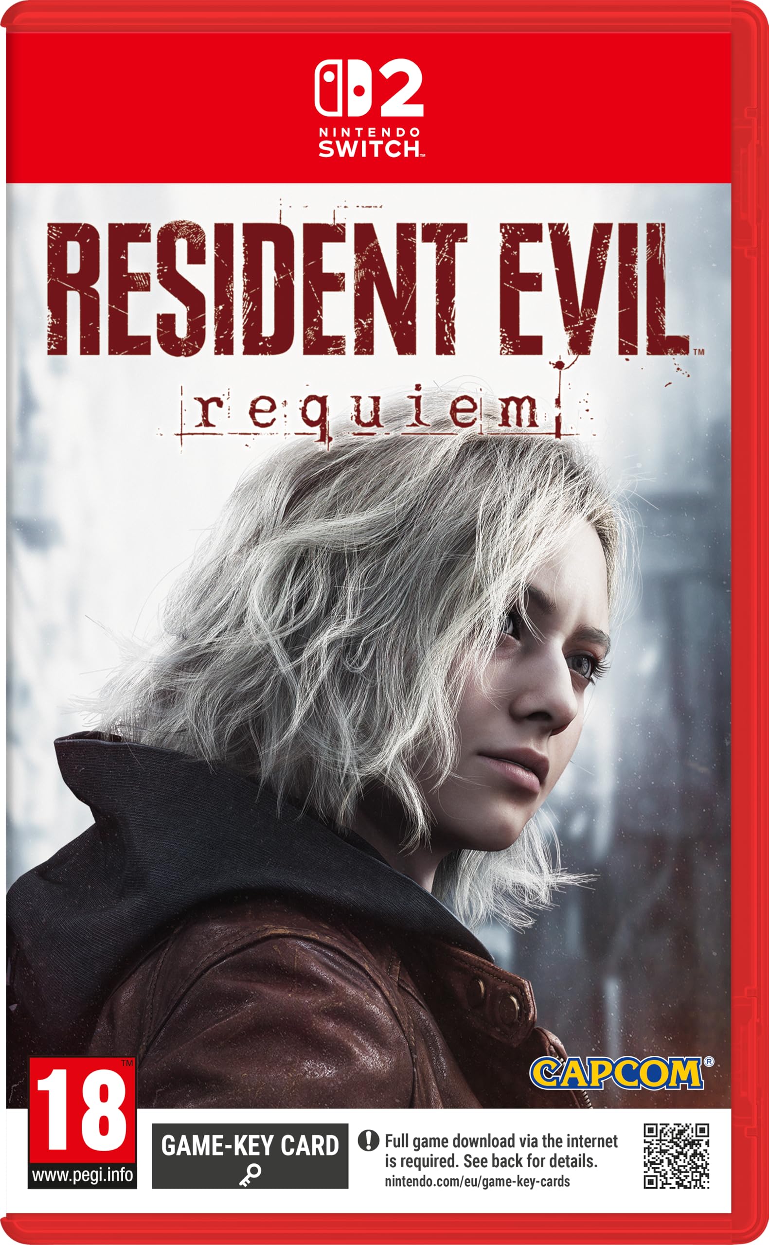 Resident Evil Requiem NS2 VR.LV Nintendo Switch game cover for Resident Evil: Requiem featuring a close-up of a pale woman with blond hair and red jacket, Capcom logo visible.