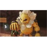 Close-up of a yellow orc-like character with spiky white hair and purple eyes reaching toward the viewer in a dusty cave setting.
