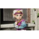 Elf-like child with green eyes in pink-and-blue ceremonial attire peers from a stone window ledge.