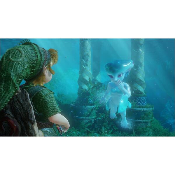 Armored warrior faces a blue aquatic humanoid underwater near ancient stone columns and plants.