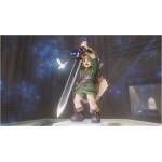 Green-clad fantasy hero raising a large sword overhead in a marble temple surrounded by glowing blue particles.