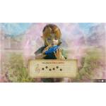 Link-like character with blonde hair plays a blue ocarina, pastel overlay, parchment reads 'You played Zelda's Lullaby'.