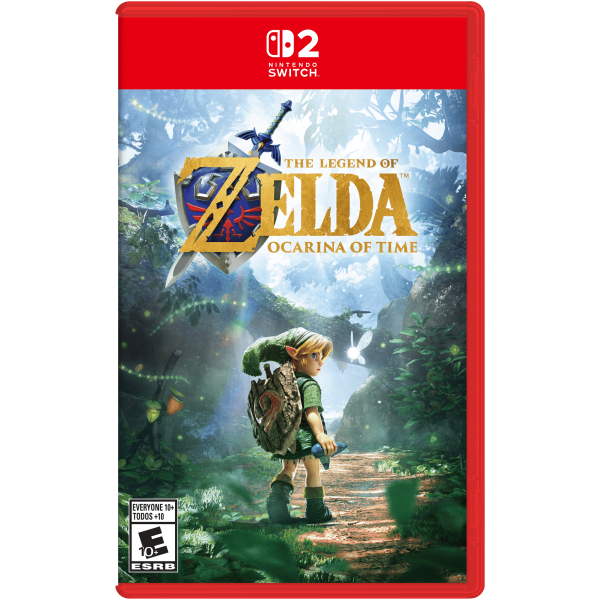 Nintendo Switch game case for The Legend of Zelda: Ocarina of Time showing Link in a green tunic in a lush forest.