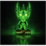 Neon green glow-in-the-dark collectible figure with horned helmet, ornate armor, and a spiked mace on a rune-inscribed pedestal.