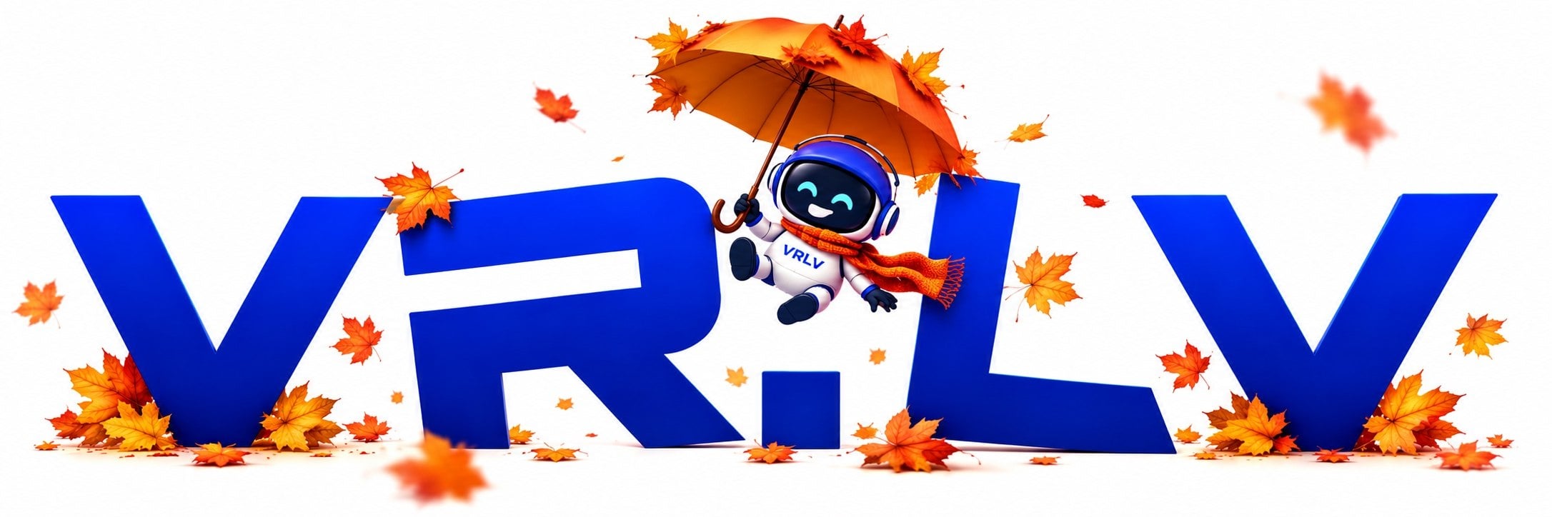 Bold blue 3D letters with a smiling robot mascot holding an orange umbrella amid falling autumn leaves.