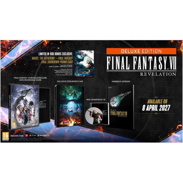 Promotional banner for Final Fantasy VII Revelation Deluxe Edition showing game case, steelbook, and mini soundtrack CD.