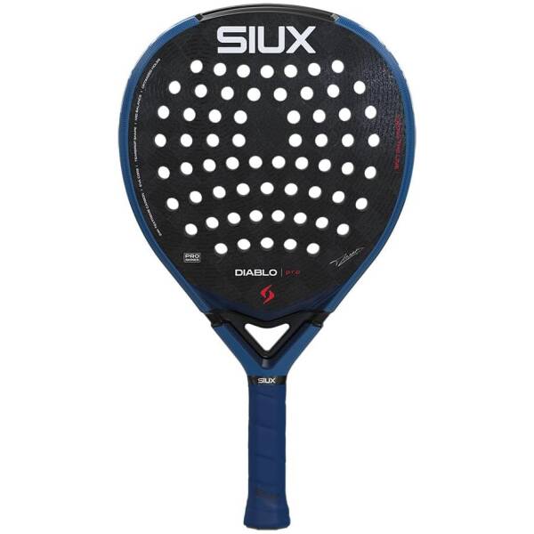 Padel racket with blue frame and black perforated hitting surface, 'SIUX' logo, and 'DIABLO pro' label on the face.
