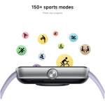 Smartwatch with multiple colorful icons representing 150+ sports modes floating above the device.