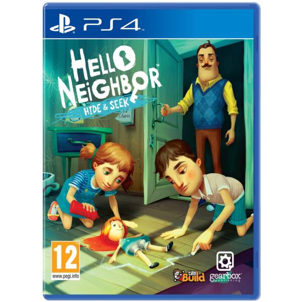 PS4 game cover for Hello Neighbor: Hide & Seek, showing two children by a doorway with a doll on the floor and a man in the background