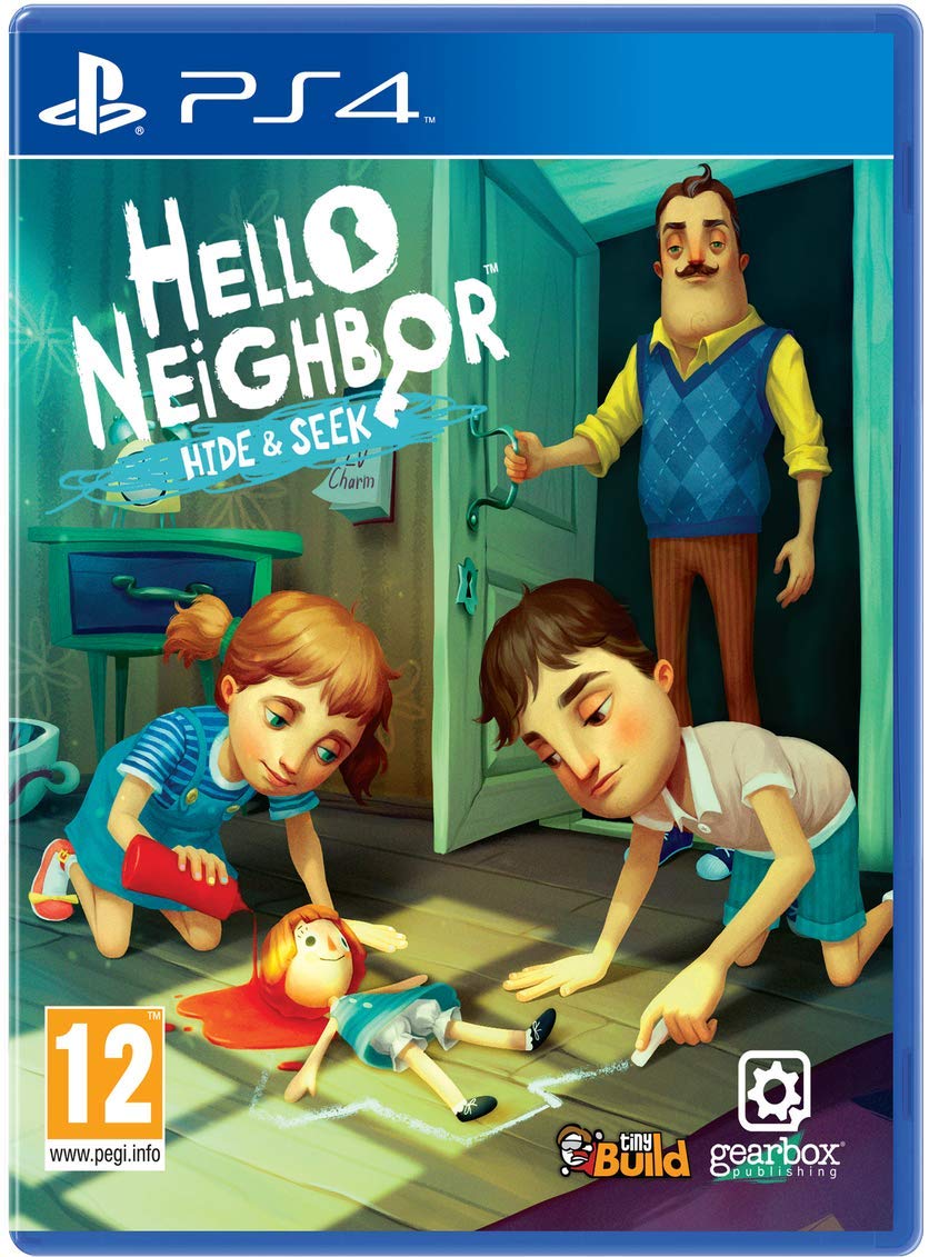 Hello Neighbor: Hide and Seek VR.LV PS4 game cover for Hello Neighbor: Hide & Seek, showing two children by a doorway with a doll on the floor and a man in the background