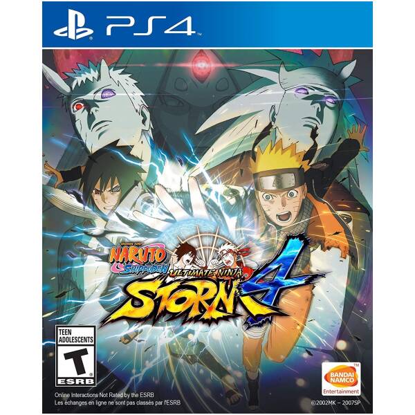 PS4 game cover for Naruto Shippuden: Ultimate Ninja Storm 4 featuring Naruto and Sasuke in action with blue lightning and a bold logo in the foreground.