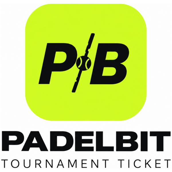 PadelBit logo: lime rounded square with a black 'P' and 'B' separated by a paddle symbol; below, bold 'PADELBIT' and 'TOURNAMENT TICKET' text.