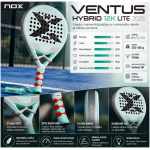 Pale blue paddle with perforated face leaning on a blue court, Ventus 12K Lite 2026 branding and an infographic of features beside it.