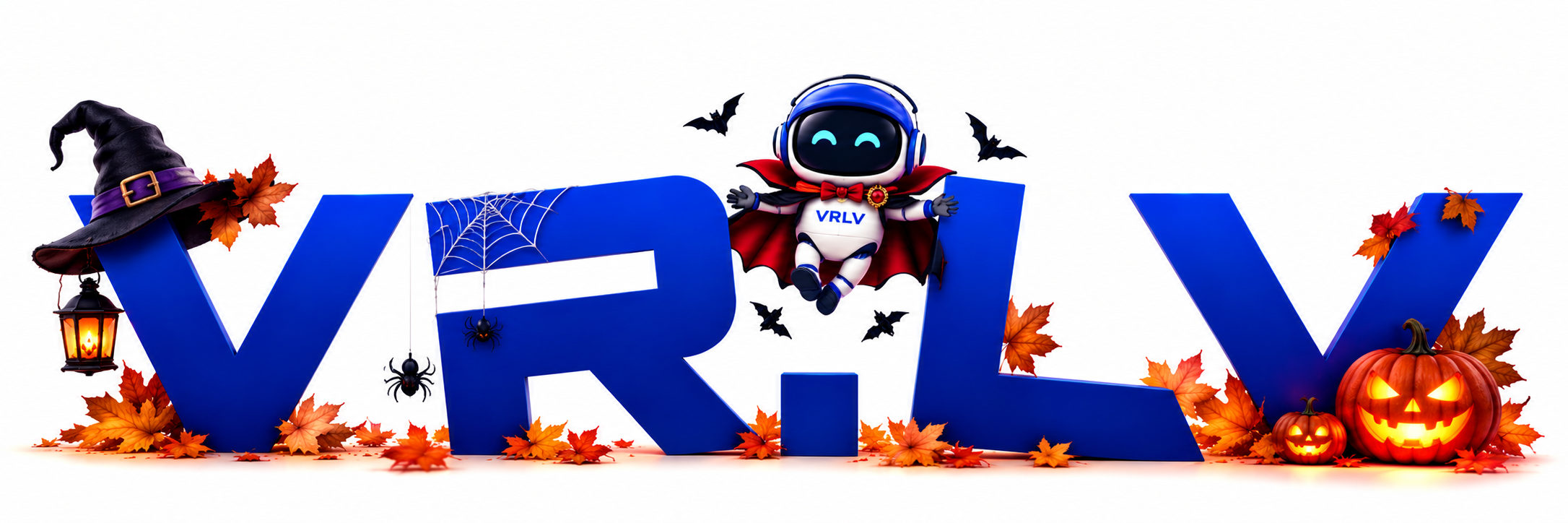 Blue 3D letters spell 'VRV' with Halloween decorations: pumpkins, bats, spider webs, autumn leaves, and a cape-wearing mascot hovering above the letters.